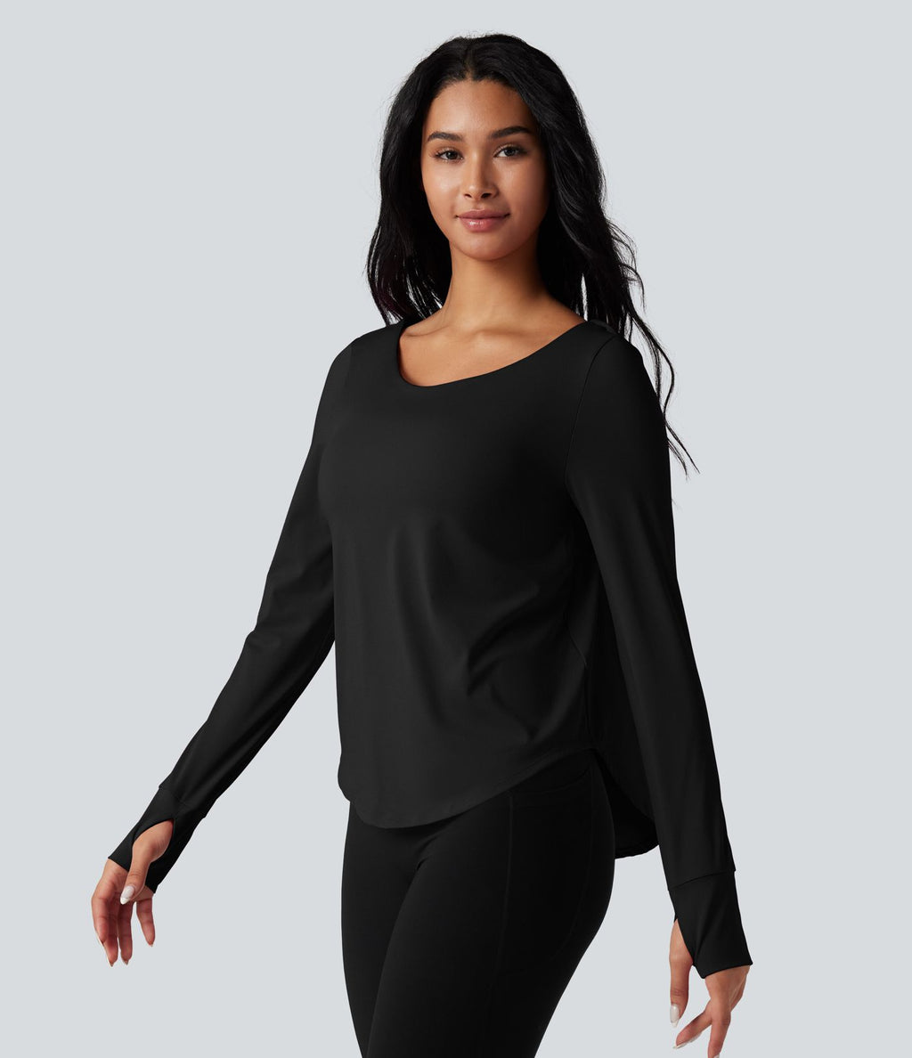 Top de sport yoga 2-en-1 SoftlyZero™ Airy dos nu croisé ourlet arrondi manches longues avec trous pouces - UPF50+