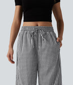 Pantalon ample décontracté à carreaux vichy, taille mi-haute, cordon de serrage et poches