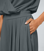 Combinaison Casual Col en V Jambes Large Plissée Manches Courtes Poche Latérale Gaufrée Fluide