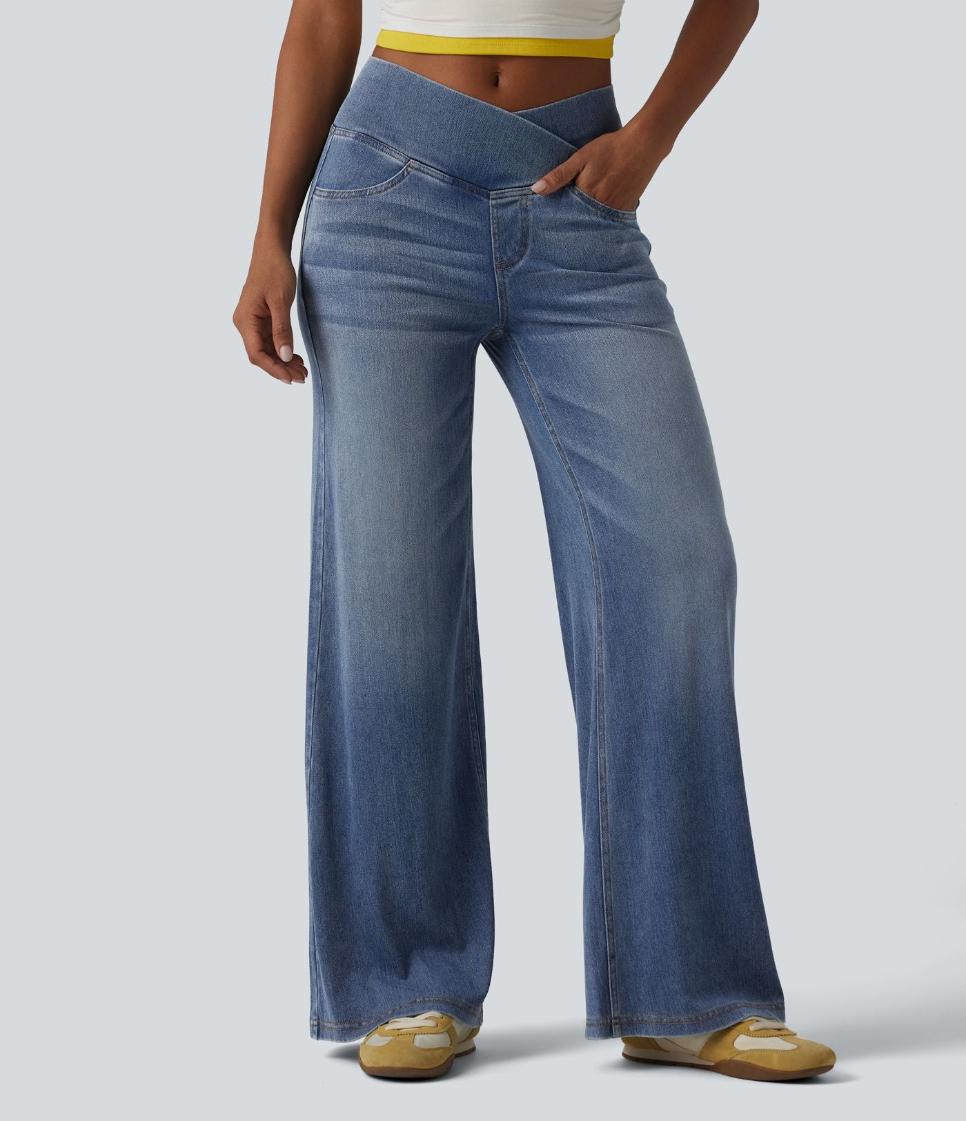 Halara Flex™ Jean large casual taille haute croisée en lyocell drapé lavé avec poches