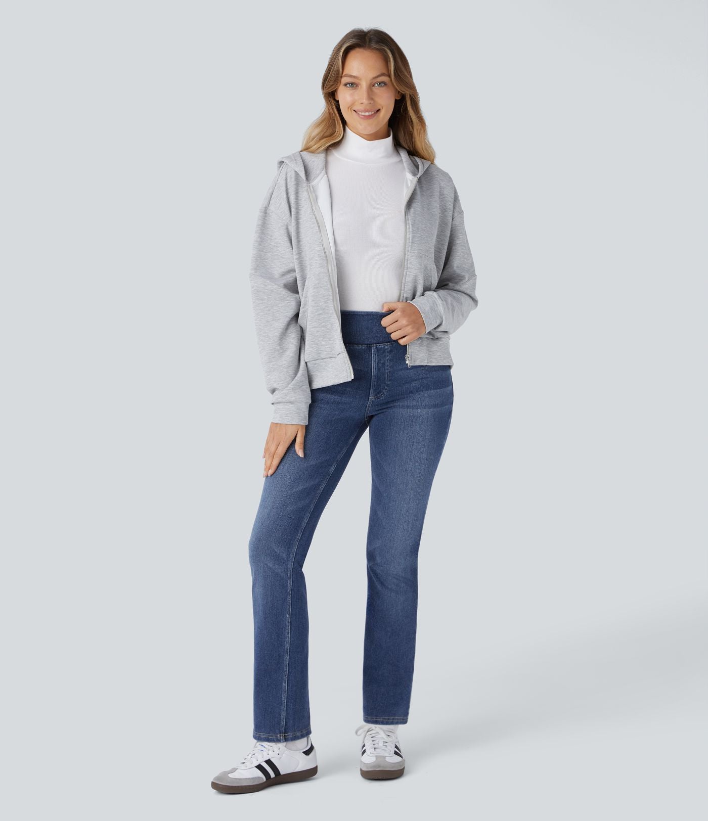 Halara Flex™ Jean évasé casual délavé en molleton taille haute avec poches