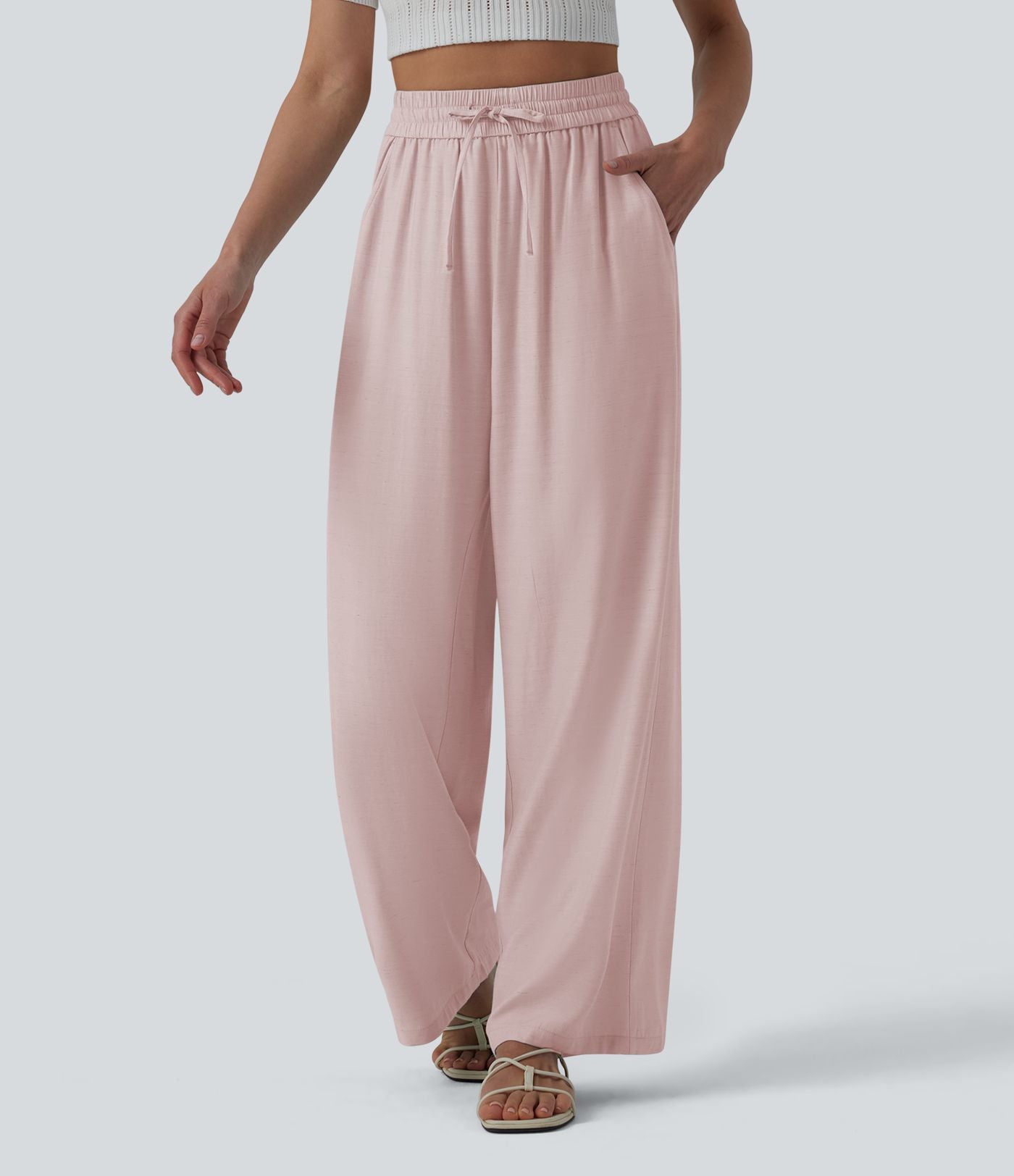 Pantalon casual large fluide mélange lin taille haute avec cordon de serrage et poches