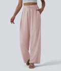 Pantalon casual large mélange lin taille haute avec cordon de serrage et poches