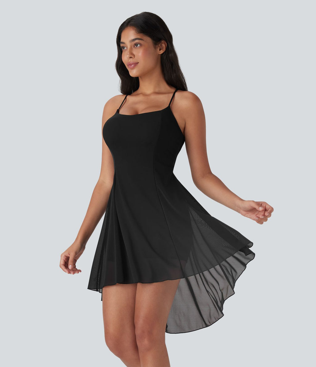Robe de sport danse mini 2-en-1 laçage asymétrique résille contrastante fluide avec poche E-G