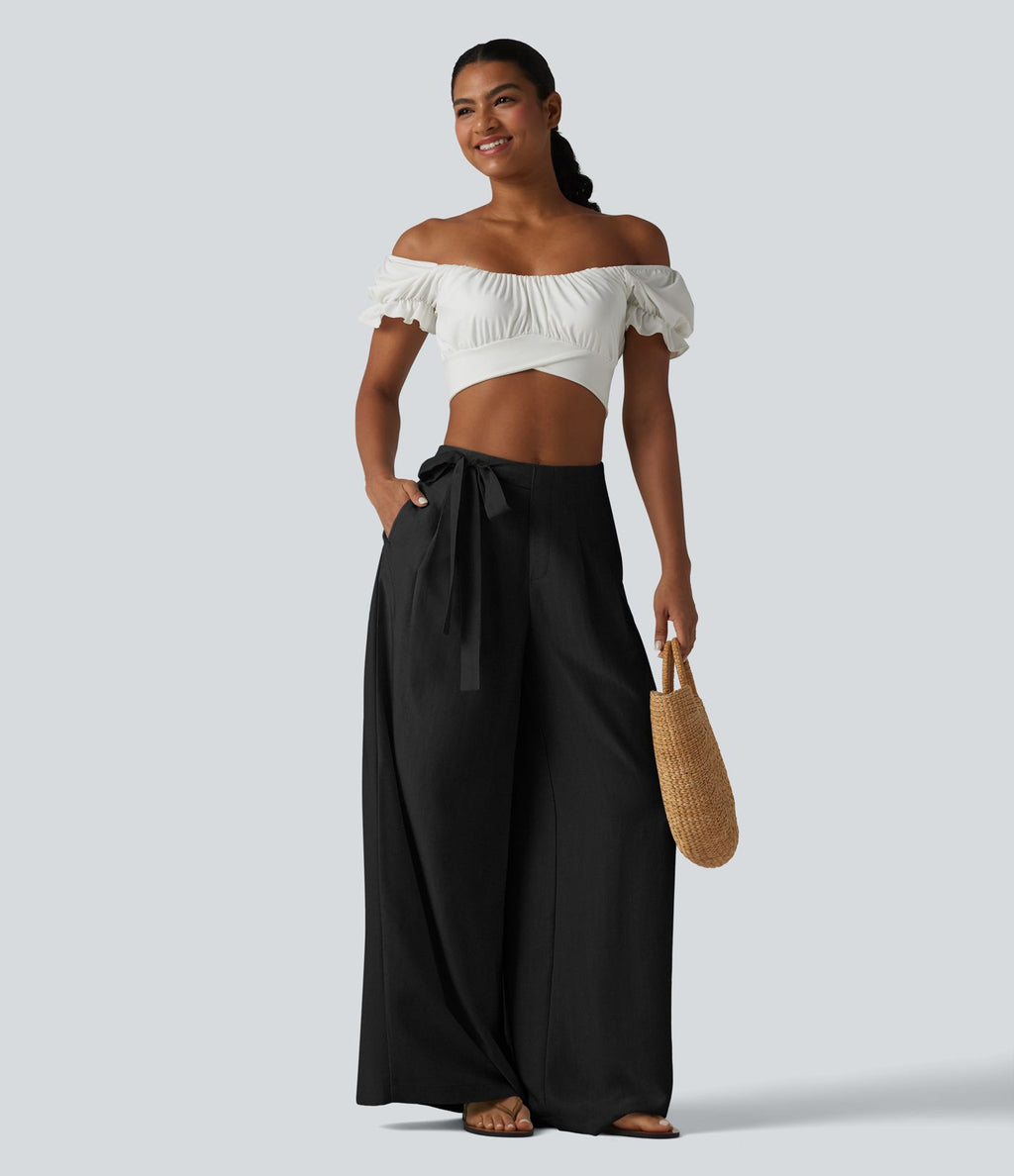 Pantalon large fluide taille haute en lin mélangé avec poches et liens latéraux