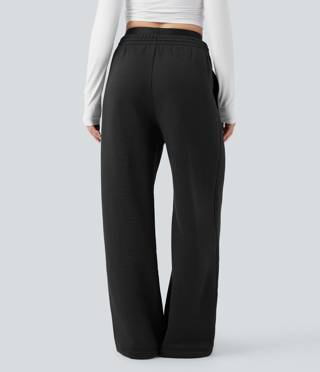 Pantalon jogging en coton molleton large taille haute avec cordon et poches