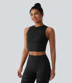 Débardeur yoga court SoftlyZero™ col rond déchiré avec dentelle contrastante - UPF50+