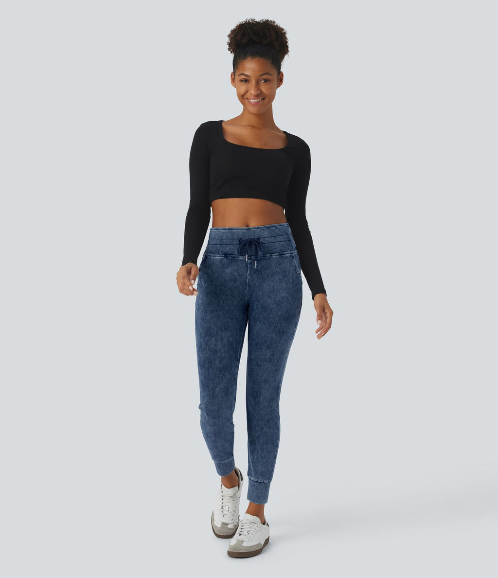 Halara Flex™ Jean Casual Taille Haute avec Cordon de Serrage et Poches Latérales en Tricot Extensible Lavé