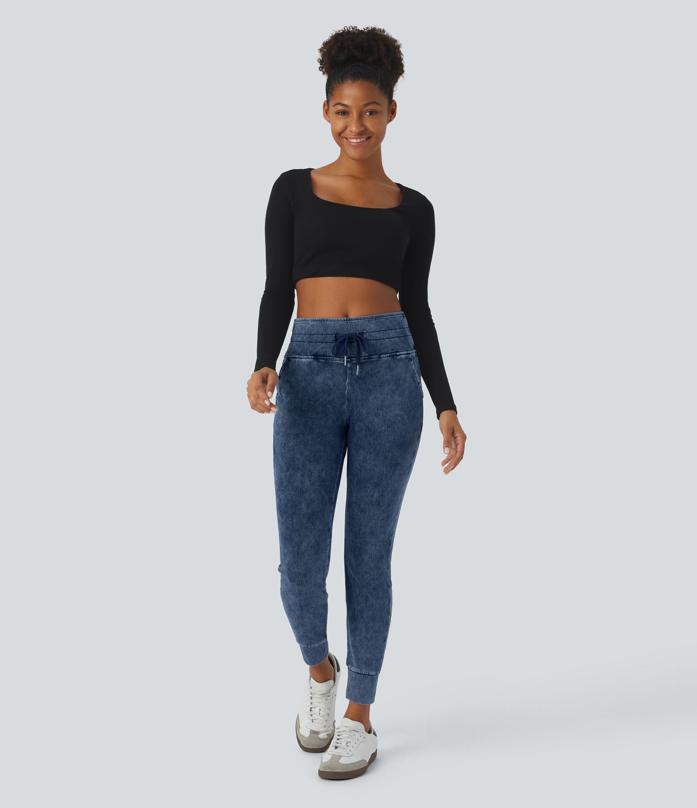 Halara Flex™ Jean Casual Taille Haute avec Cordon de Serrage et Poches Latérales en Tricot Extensible Lavé