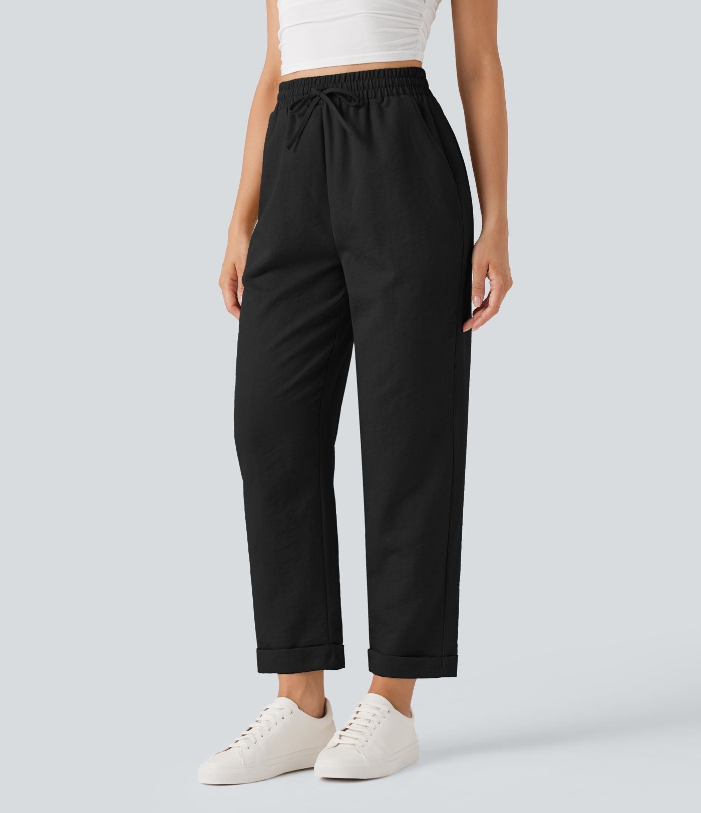 Pantalon décontracté fuselé effet lin taille haute infroissable avec cordon et poches