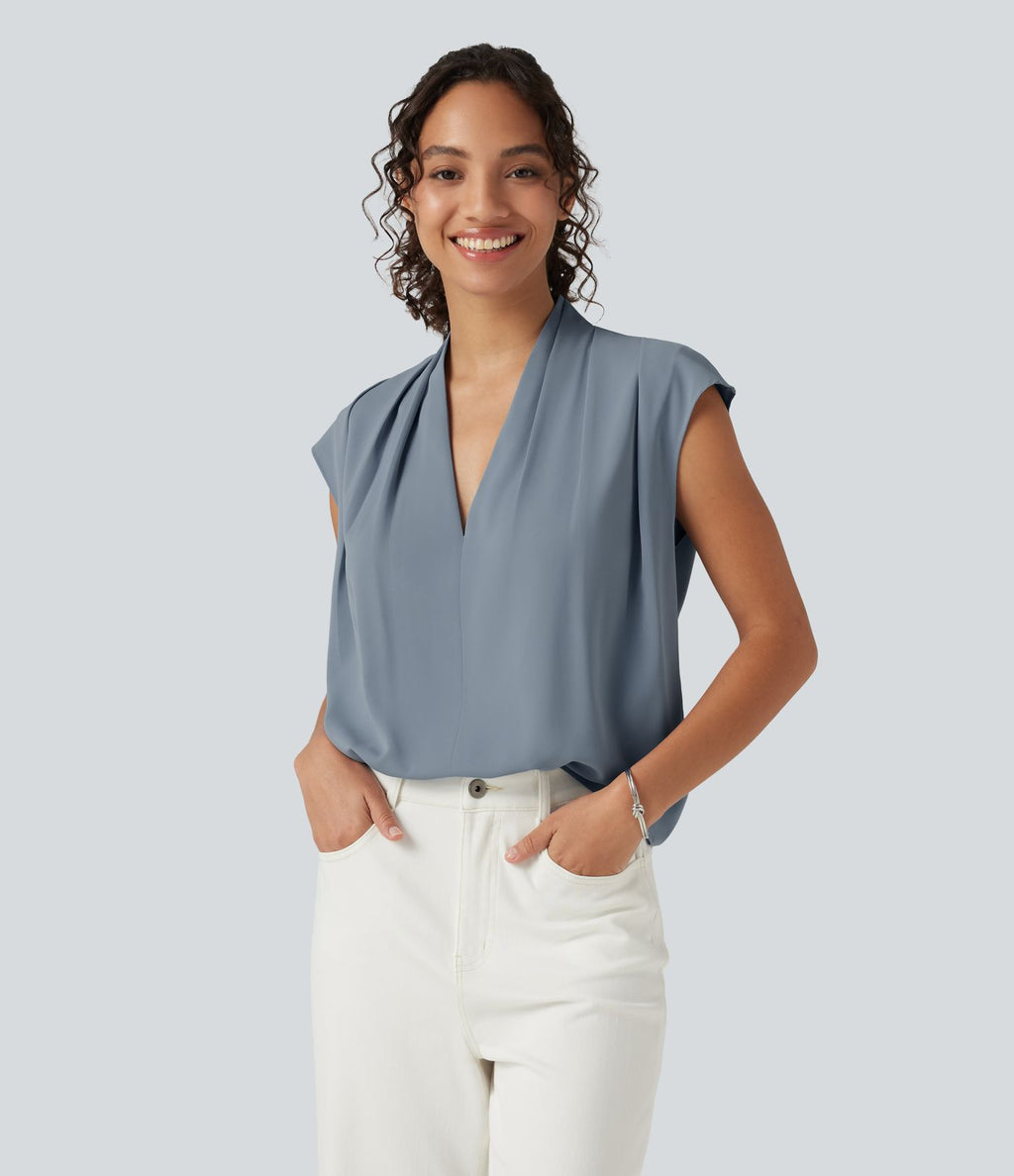 Blouse sans manches défroissage facile, col V, fronces et coupe boxy