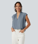 Blouse sans manches défroissage facile, col V, fronces et coupe boxy