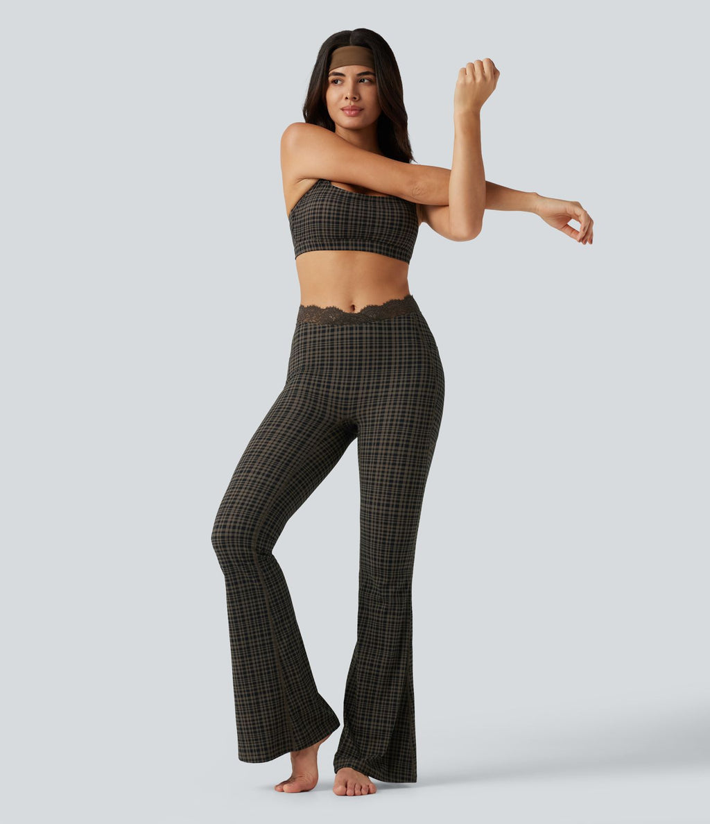 Legging yoga flare Halara UltraSculpt™ taille haute en V à motif tartan avec dentelle contrastée et poches