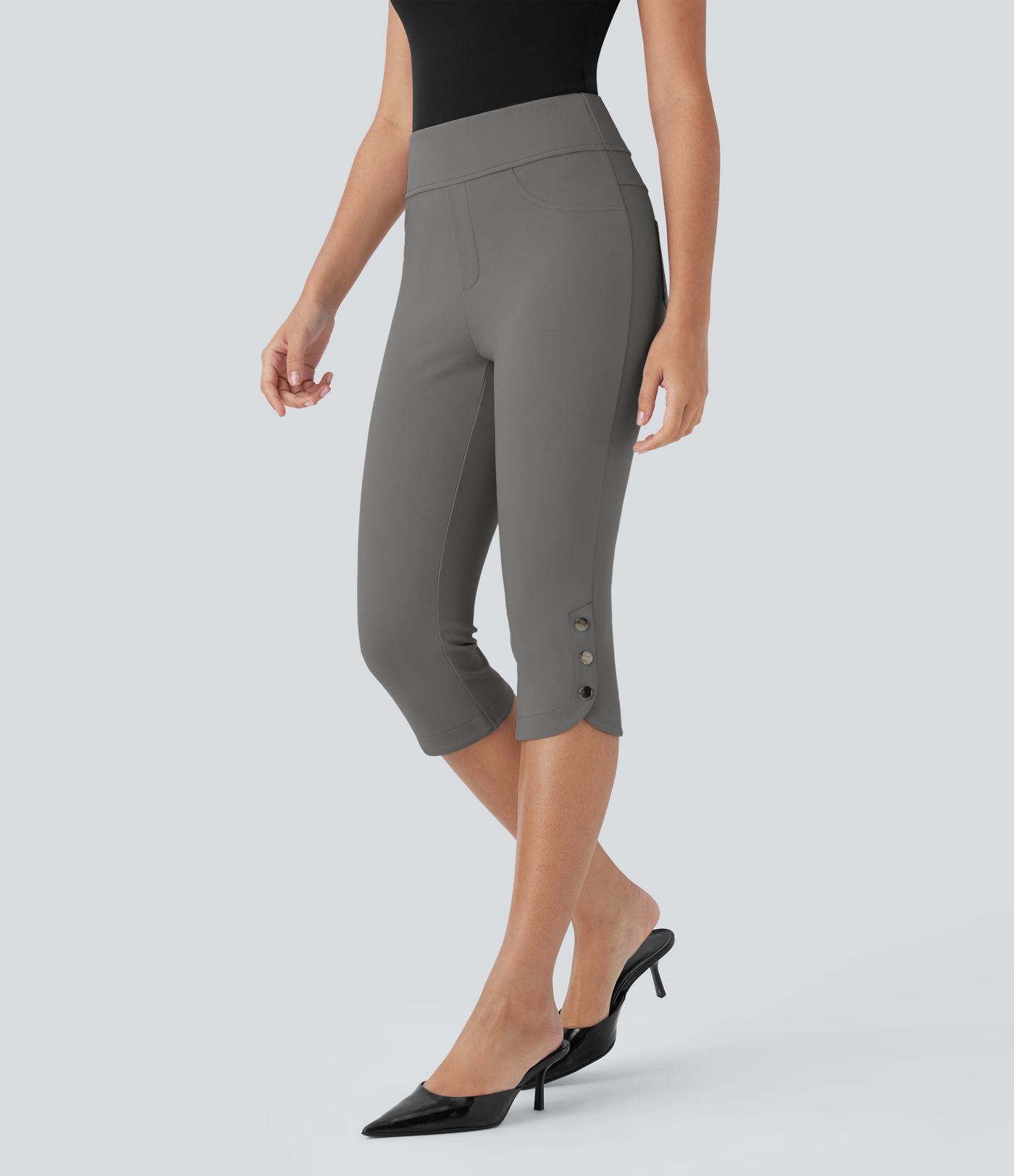 Pantalon Corsaire de Costume Taille Haute avec Poches Arrière et Boutons Pression