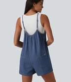 Combinaison-short décontractée en denim à col rond et poches Halara Flex™