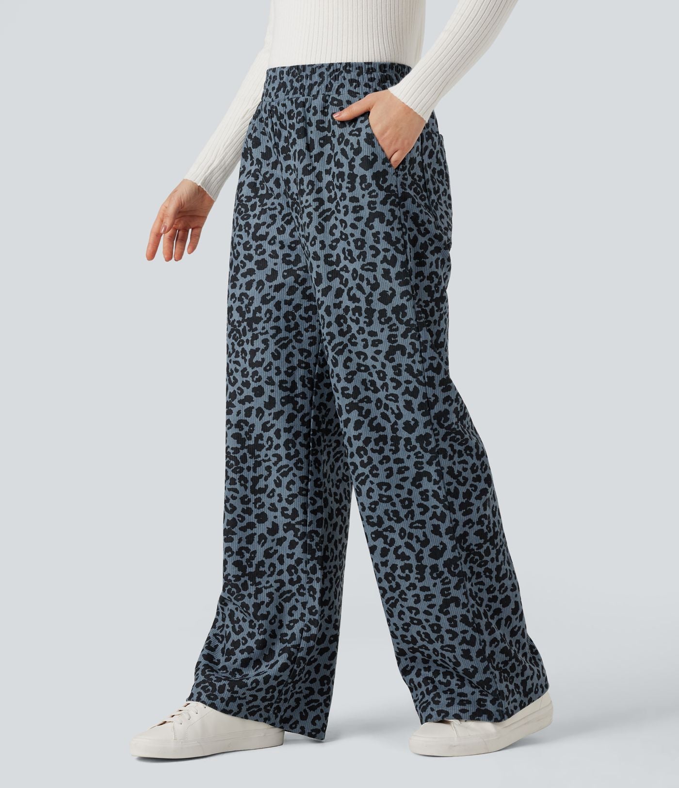 Pantalon léopard ample décontracté velours côtelé imprimé taille haute avec poches