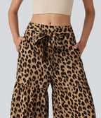 Pantalon ample décontracté taille mi-haute avec nœud devant imprimé léopard avec poches