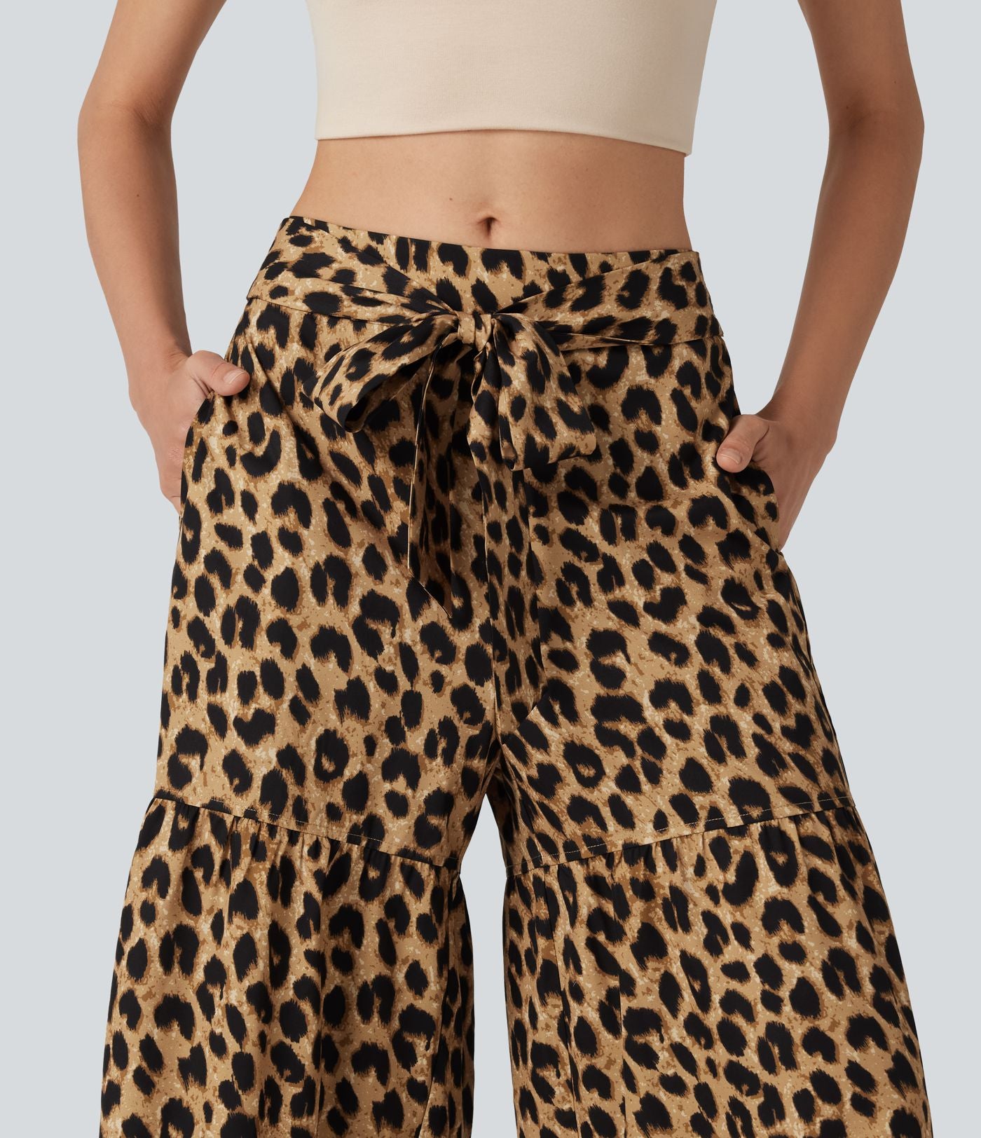 Pantalon ample décontracté taille mi-haute avec nœud devant imprimé léopard avec poches