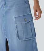 Halara Flex™ Jupe en Jean longue cargo extensible, taille mi-haute, coupe évasée, avec boutons, fermeture éclair, poches multiples et fente