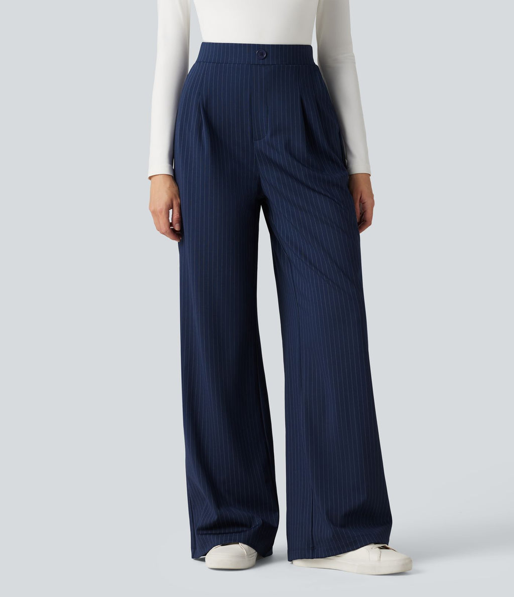 Pantalon tailleur large taille haute à rayures avec boutons décoratifs et poches