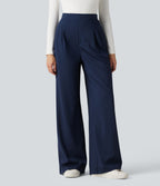 Pantalon tailleur large taille haute à rayures avec boutons décoratifs et poches