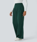 Pantalon Tailleur Large Fluide à Rayures, Taille Haute, Bouton et Fermeture Éclair, Poches Latérales