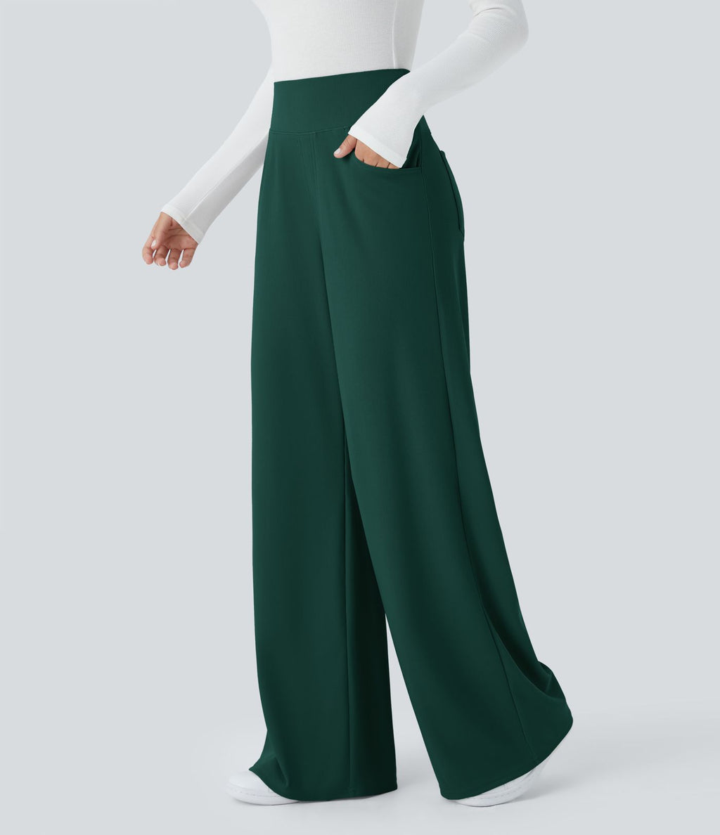 Pantalon tailleur large gainant taille haute en micro-gaufré avec poches Halara Flex™