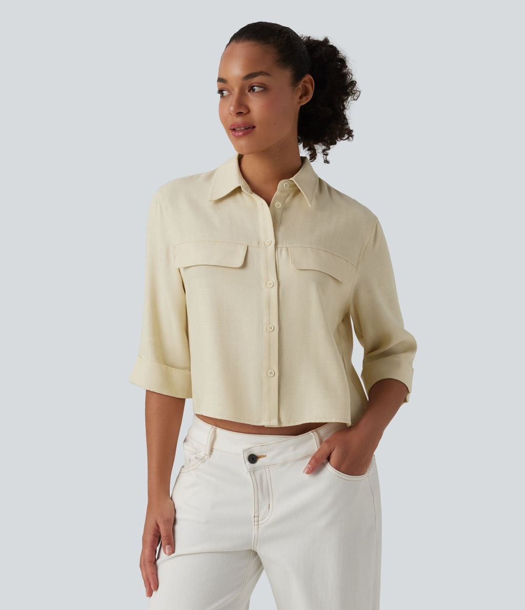 Chemise décontractée mélange lin manches mi-longues