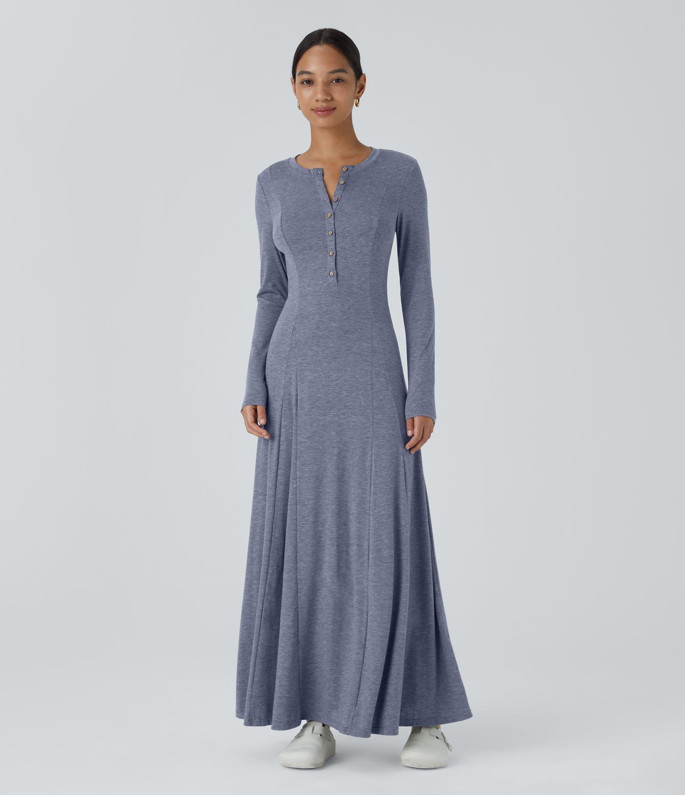 Robe de Casual Maxi Manches Longues Évasées et Boutons au Col Rond