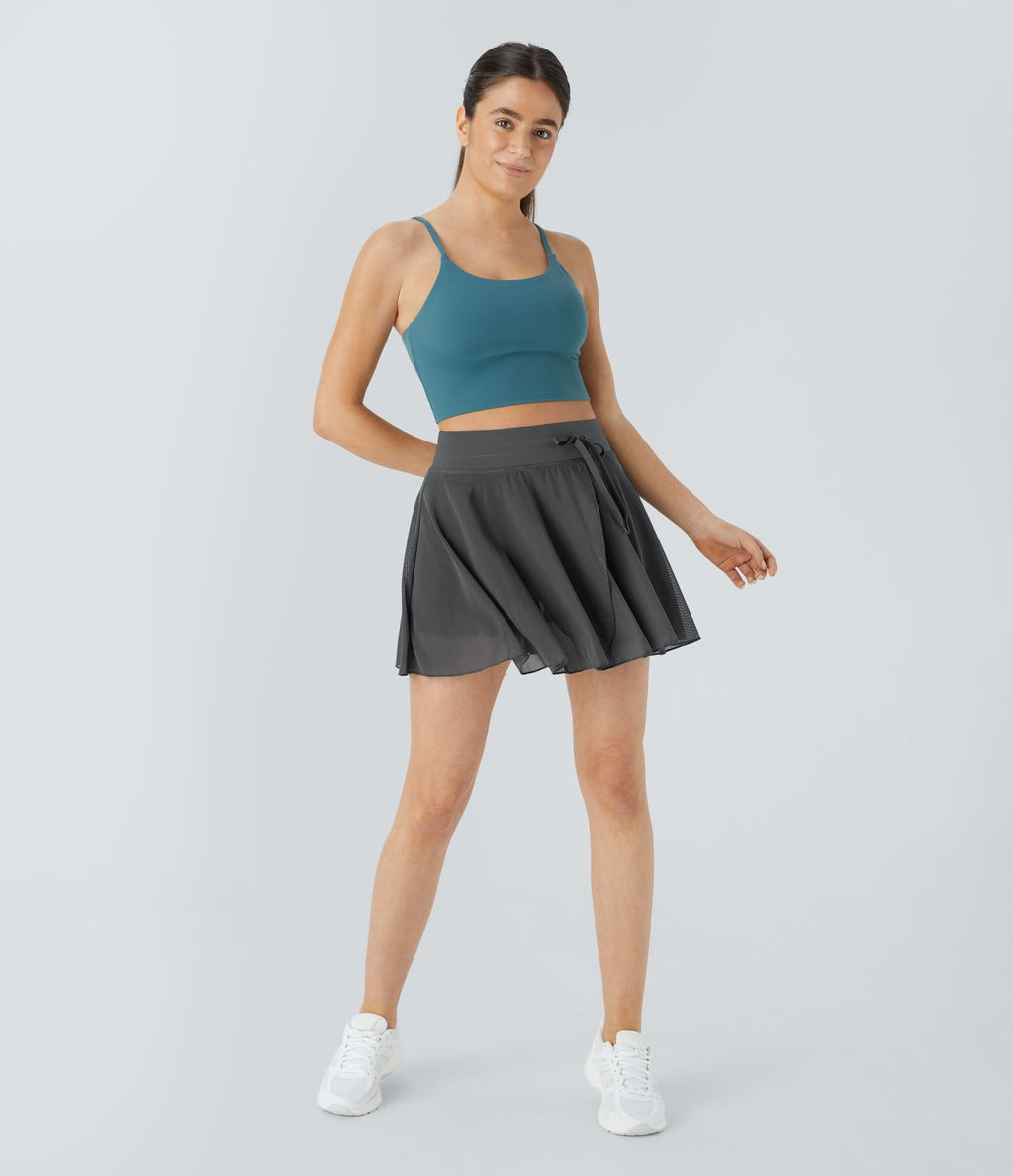 Jupe Casual Évasée Fluide 2 en 1 en Maille Contrastée Taille Haute Cordon de Serrage Poche Latérale