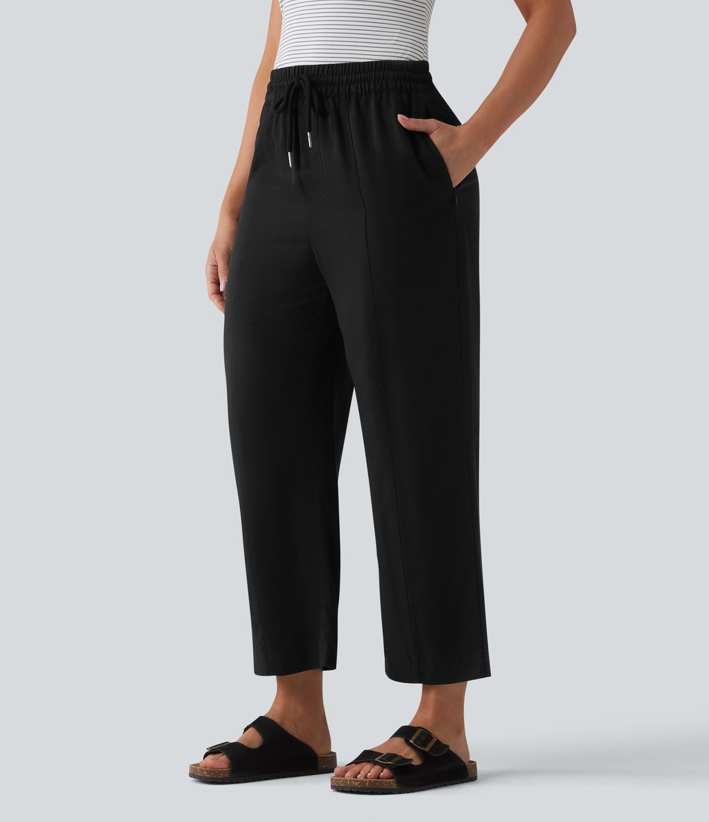 Pantalon casual fuselé en lin drapé taille haute avec cordon de serrage et poches