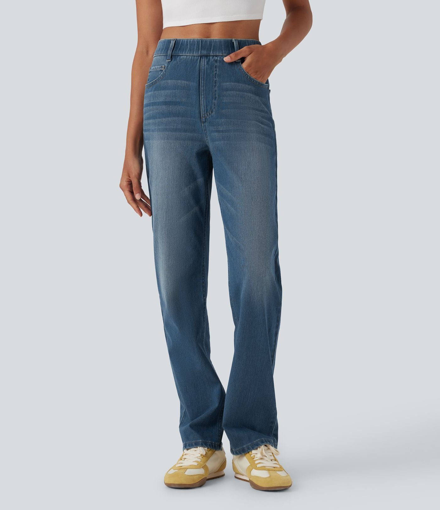 Halara Flex™ Jean casual délavé jambe droite taille haute gainant avec poches