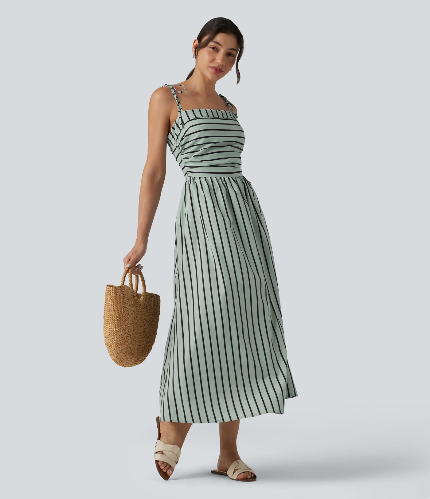 Robe midi rayée bretelles fines avec laçage et poches