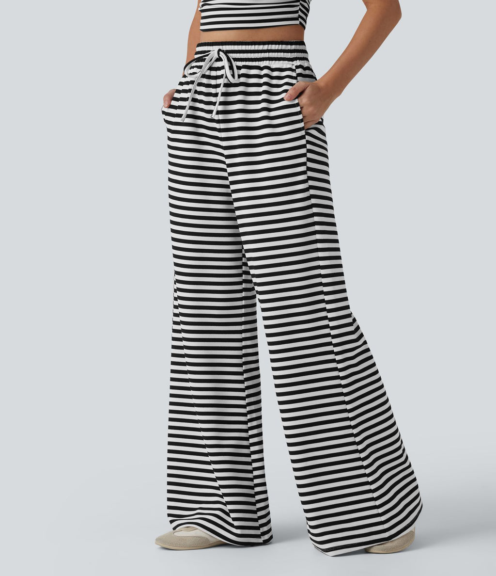 Pantalon large casual à rayures en maille gaufrée taille haute avec cordon de serrage et poches