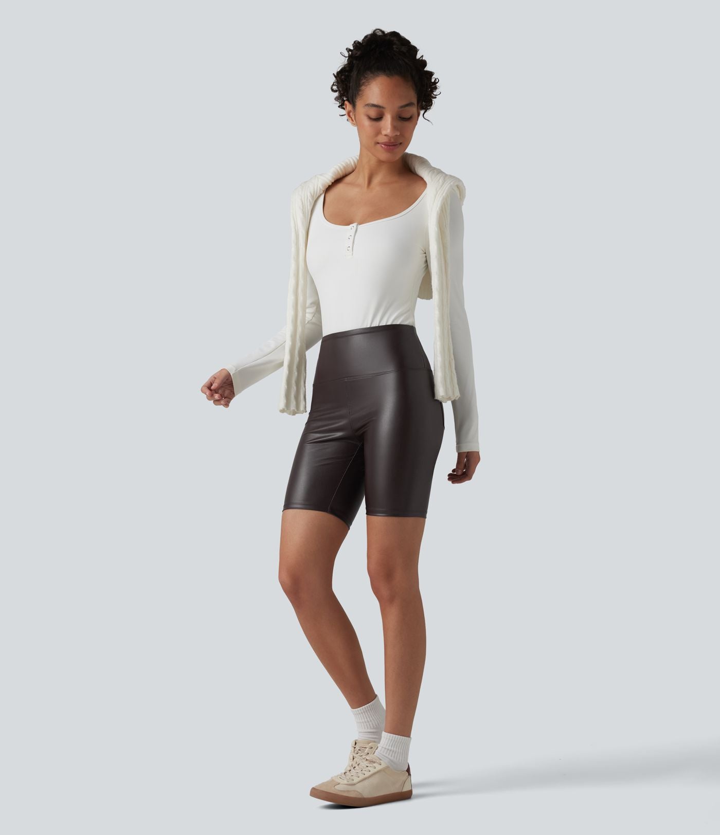 Short de cycliste casual en PU stretch gainant taille haute 17,5 cm avec poches