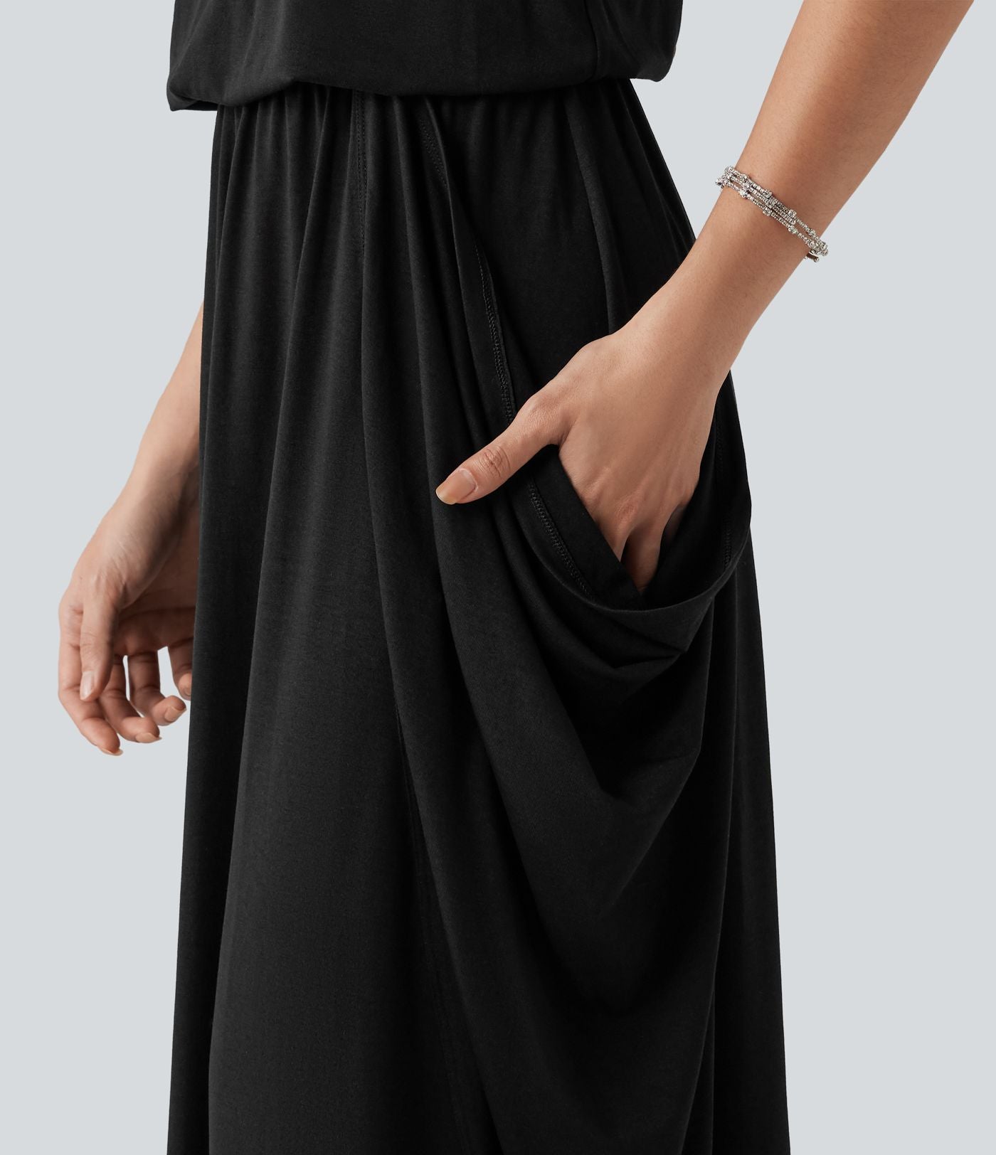 Robe longue casual drapée sans manches à dos ajouré avec poches
