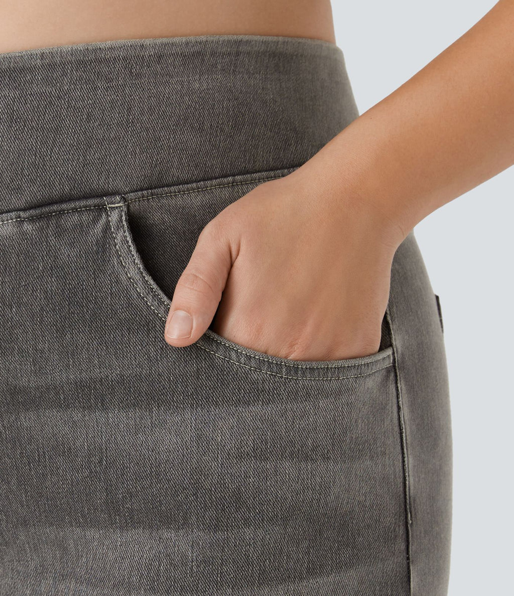 Halara Flex™ Jeans Larges Casual Taille Haute Multiples Poches Lavés Élastiques et Tricotés Grande Taille