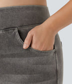 Halara Flex™ Jeans Larges Casual Taille Haute Multiples Poches Lavés Élastiques et Tricotés Grande Taille