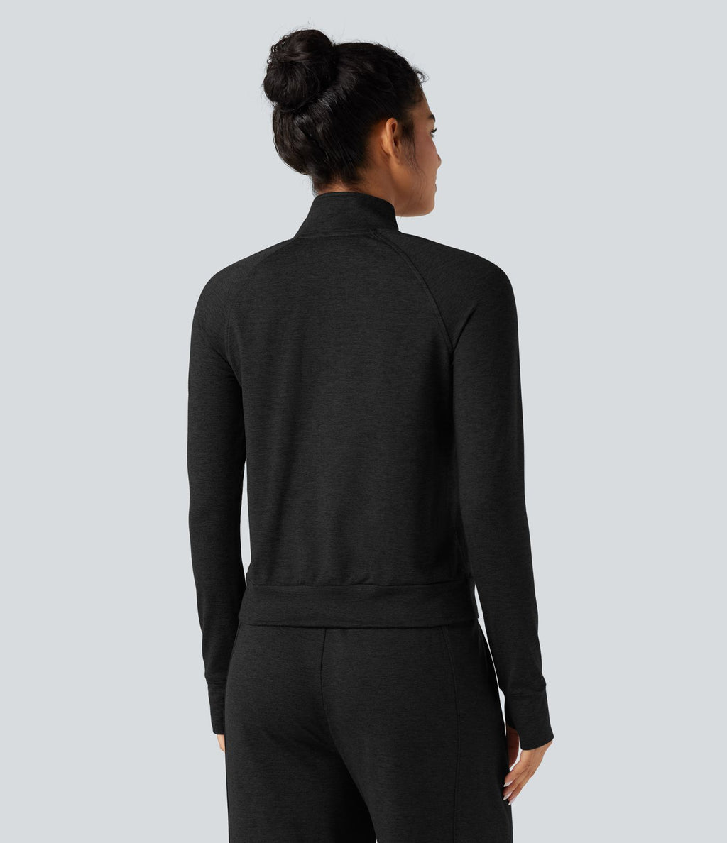 Sweat-shirt polaire thermique chiné séchage rapide demi-zip avec trous pouces et poches - UPF40+