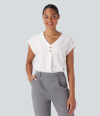 Blouse de Travail Col V Manches Courtes avec Boutons Décoratifs