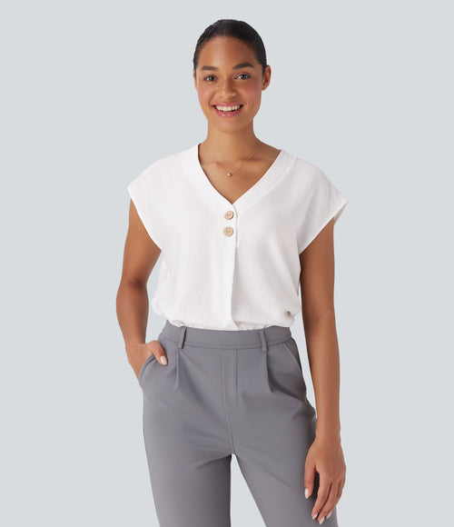 Blouse de Travail Col V Manches Courtes avec Boutons Décoratifs