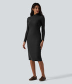 Robe midi moulante tailleur à col montant et manches longues en maille torsadée