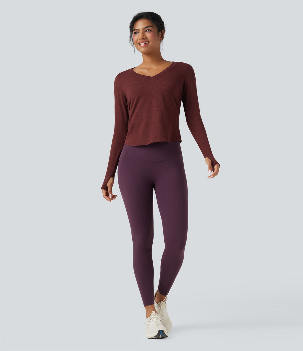 Top de sport yoga chiné col V manches longues avec trous pouces ourlet arrondi