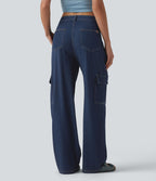 Jean droit cargo casual Halara Flex™ taille mi-haute en lyocell drapé délavé avec poches