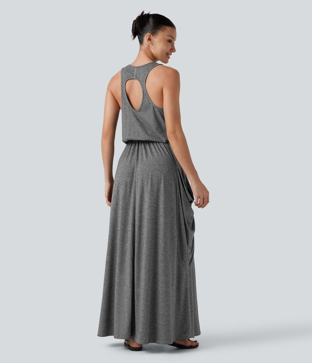 Robe longue casual drapée sans manches à dos ajouré avec poches