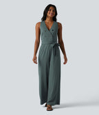 Combinaison tailleur sans manches à col V, ceinturée, avec zip invisible, rayures et effet frais avec poches, accès facile Easy Peasy
