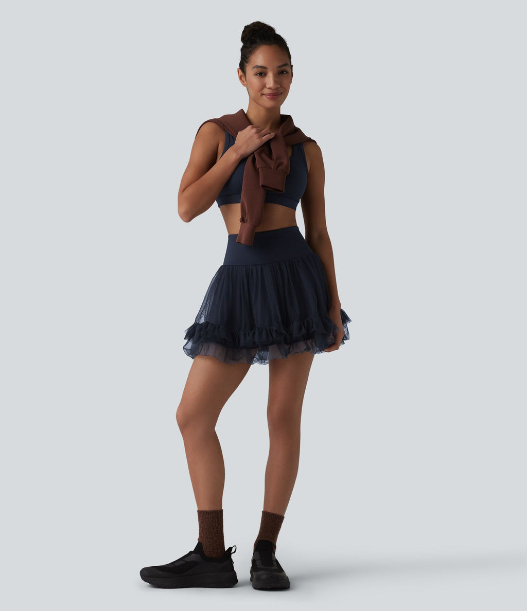 Jupe mini de sport 2 en 1 taille haute ventre plat en maille contrastée avec poches