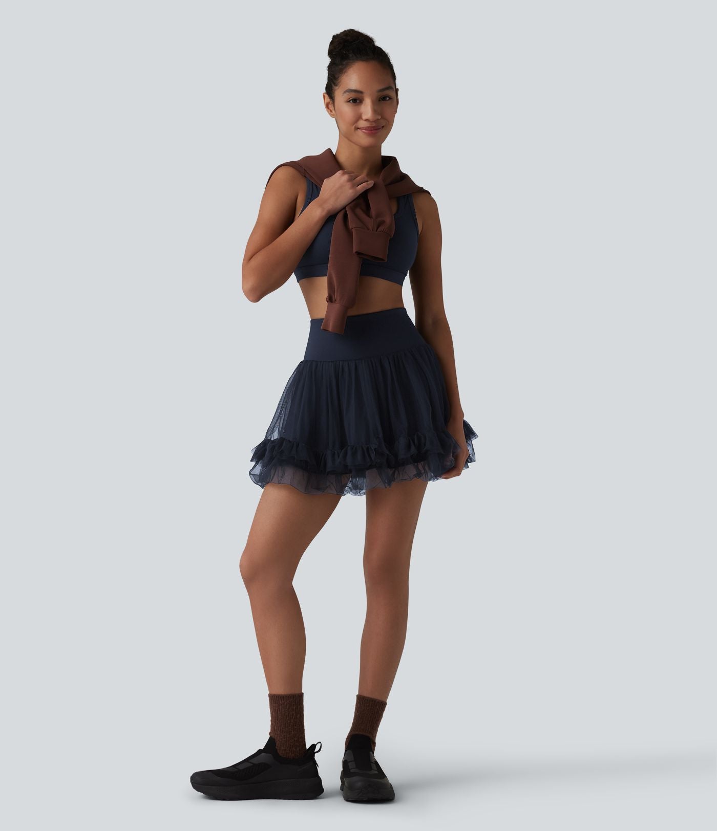 Jupe mini de sport 2 en 1 taille haute ventre plat en maille contrastée avec poches