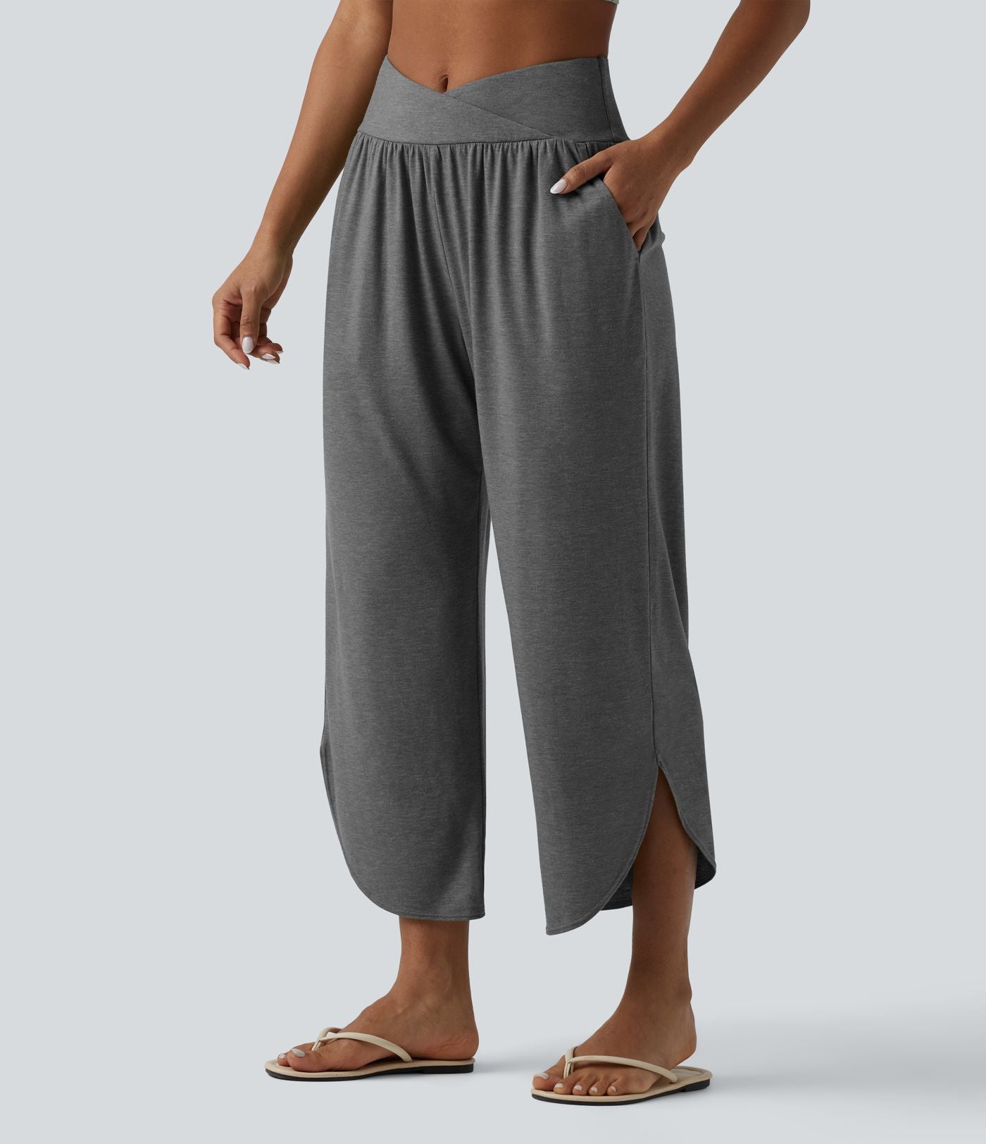 Pantalon décontracté taille haute croisé à ourlet courbe avec poches