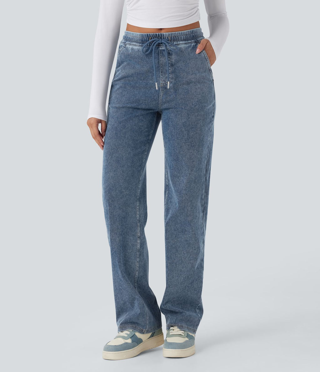 Pantalon décontracté droit taille mi-haute avec cordon et poches
